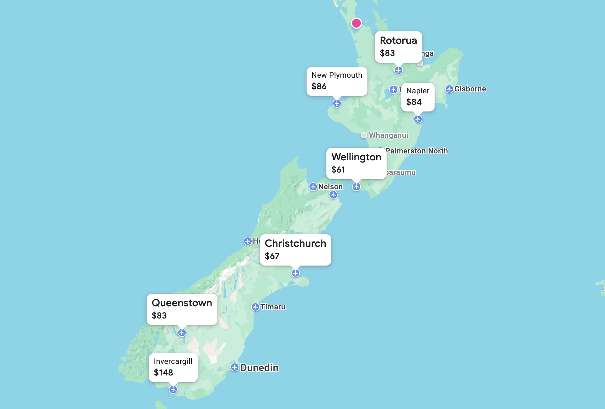 Google Flights explore of flight prices from Auckland to other cities in New Zealand. Invercargill for $148, Queenstown for $83, Christchurch for $67, Wellington for $61, Napier for $84, New Plymouth for $86, Rotorua for $83. 